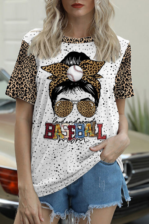 Loud and Proud Baseball Mom Leopard Round Neck Short Sleeve T-shirt