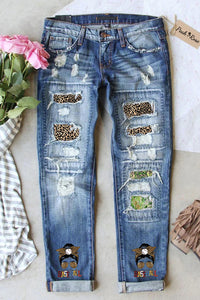 Loud and Proud Baseball Mom Leopard Ripped Denim Jeans