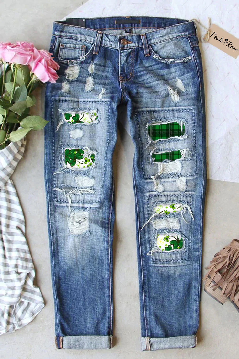 Casual Lucky Green Irish Shamrocks Ripped Denim Jeans