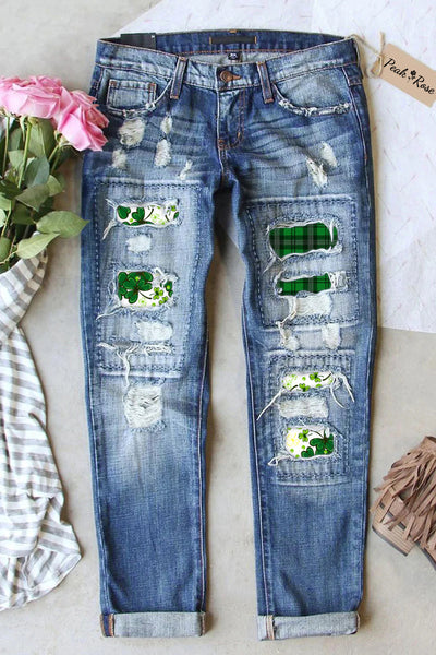 Casual Lucky Green Irish Shamrocks Ripped Denim Jeans