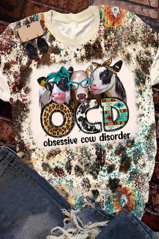 OCD Obsessive Cow Disorder Western Leopard Print Tie-Dye V Neck T-shirt