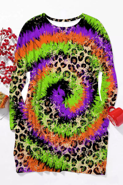 Mardi Gras Leopard Neon Green& Purple&Yellow Spiral Tie Dye Tank Tunic with Pockets