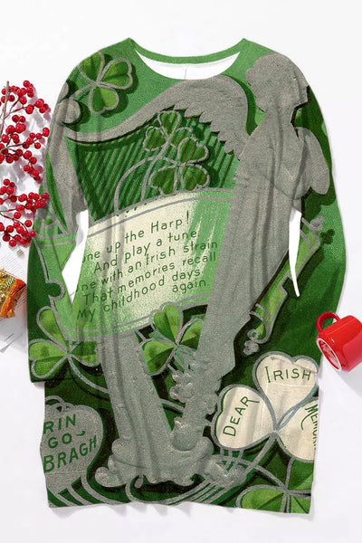 Harp Clover Four-Leaf Clover Handwritten Letter Vintage Stamp Style Tunic with Pockets