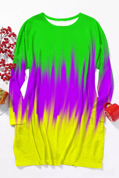 Vintage Mardi Gras Purple Green And Gold Tie Dye Print Tunic with Pockets
