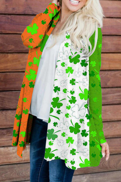 Green White Orange Tricolor St Patrick's Day Shamrocks Tye Dye Printed Loose Cardigan