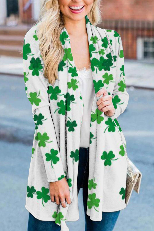 Casual Lucky Green Shamrocks Printed Loose Cardigan