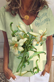 Easter Greetings Easter Cross & Lilies V Neck T-shirt