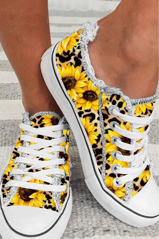 Western Sunflowers Leopard Print Shoes Canvas Sneakers