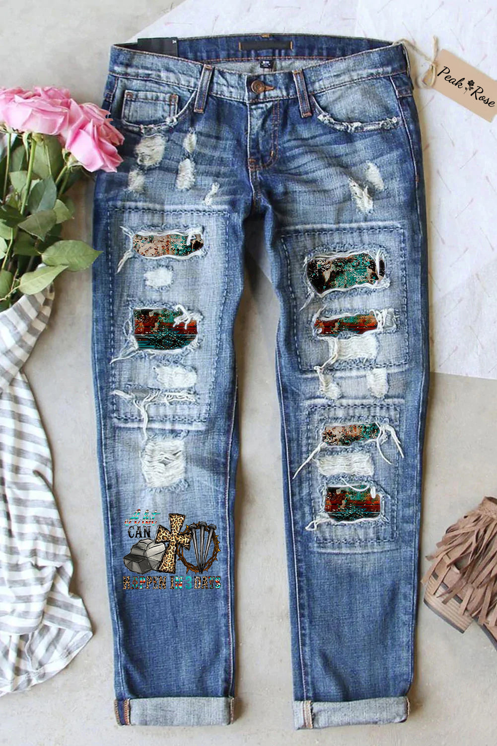 A Lot Can Happen In 3 Days Western Rhinestone Leopard  Easter Cross Printed Ripped Denim Jeans