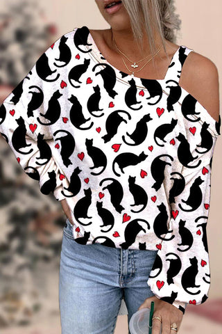 Cats with Hearts Print Off-shoulder Blouse