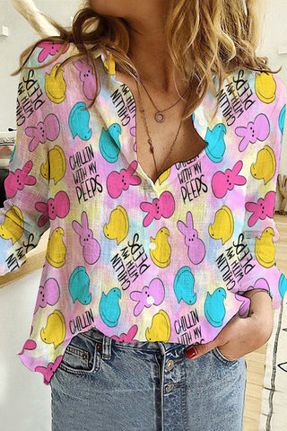 Chilling With My Peeps Easter Bunnies Marshmallows Printed Long Sleeve Shirt