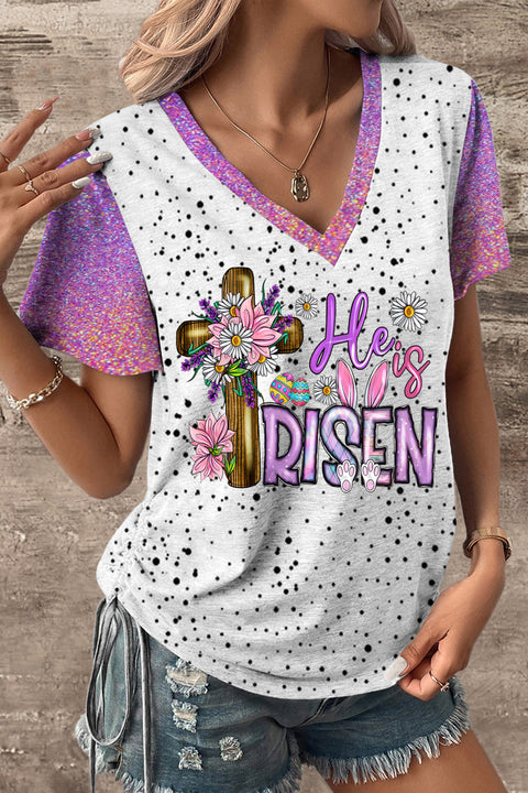 He Is Risen Easter Bunny Christian Cross Jesus With Daisy V-neck T-shirt