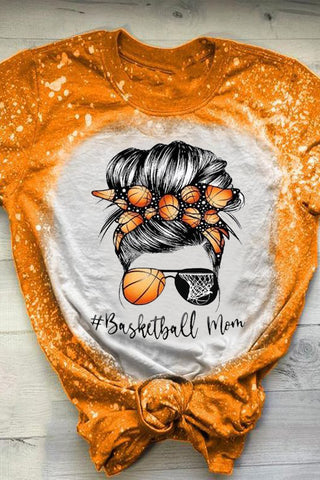 Basketball Mom Messy Bun Print Bleached Round Neck Short Sleeve T-shirt