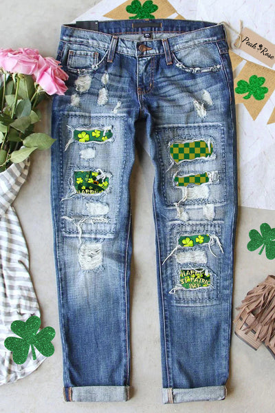 Green Plaid Happy St.Patrick's Day Hat With Shamrocked Print Ripped Jeans