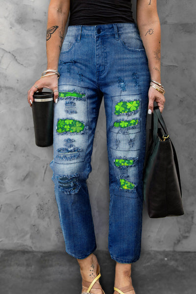 Happy St. Pattys Day Good Luck Green Shamrocks Printed Ripped Jeans