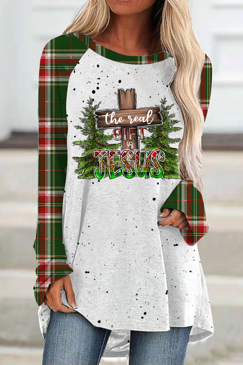 The Real Gift is Jesus Leopard Plaid Print Tunic