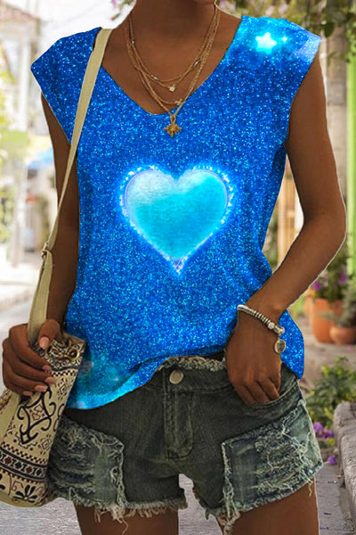 Glitter Heart Blue Sparkles Print Tank Top