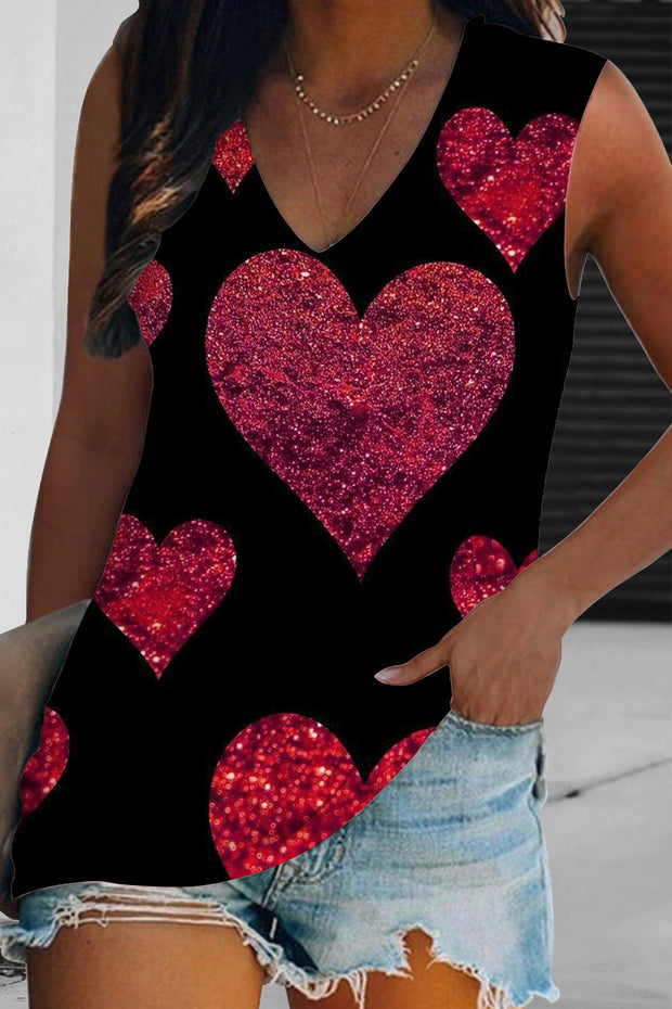 Glitter Red Heart Sparkles Print Tank Top