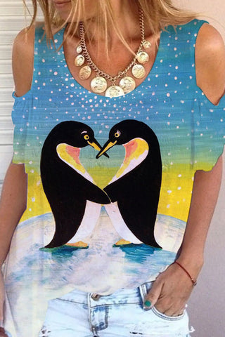 Penguins In Love Print Cold Shoulder T-shirt