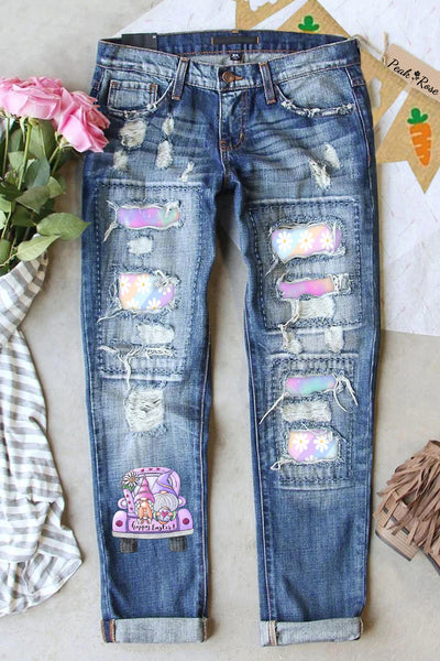 Happy Easter Truck & Gnomes Daisy Rainbow Gradient Printed Ripped Denim Jeans