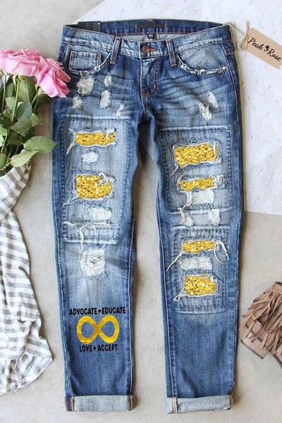 Advocate Educate Love Accept Gold Infinity Symbol Print Ripped Denim Jeans