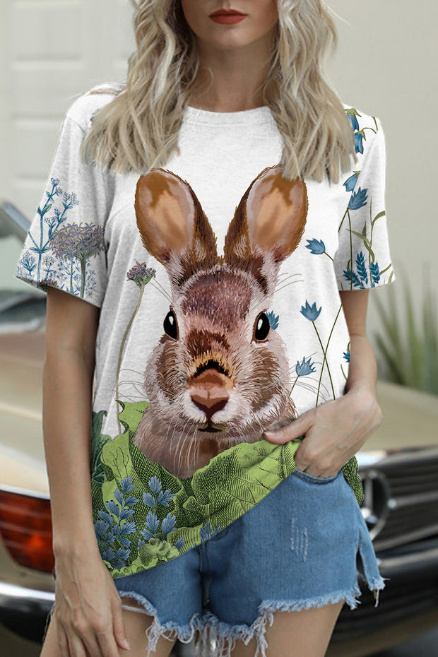 Cute Easter Bunny In The Green Plants Printed Round Neck Short Sleeve T-shirt