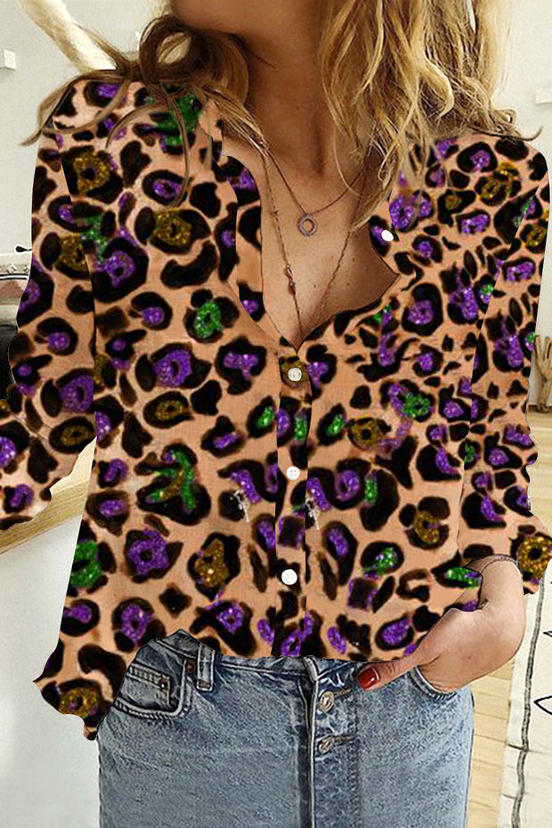 Mardi Gras Western Tricoler Leopard Long Sleeve Shirt