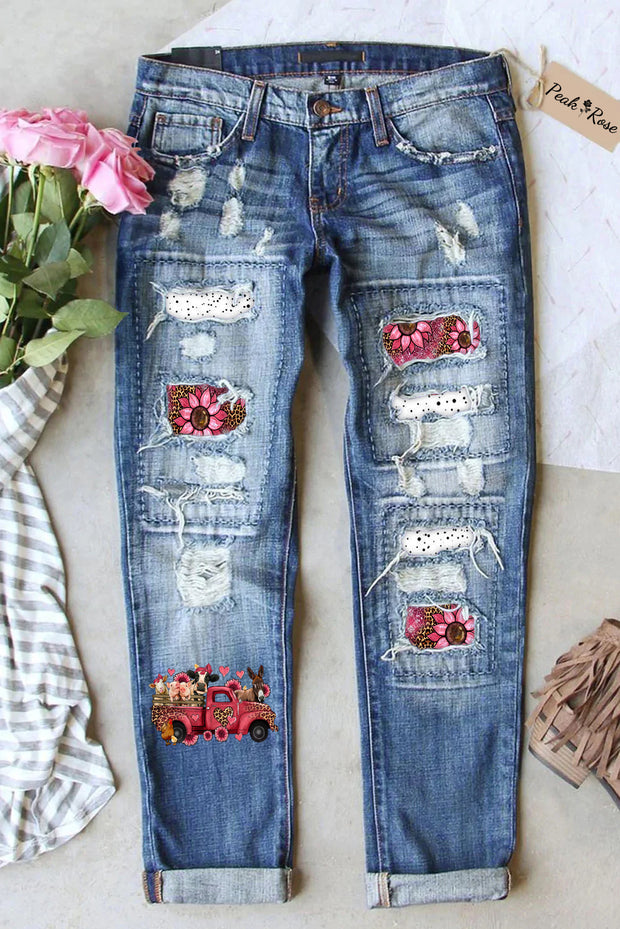 Leopard Farm Animals Truck Ripped Denim Jeans