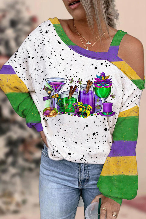 Mardi Gras Wine Glasses With Fleur De Lis Clown Mask  Polka Dots Print Off-Shoulder Blouse