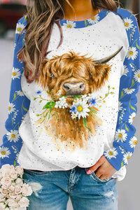 Daisy Floral Highland Cow Spring Print Sweatshirt