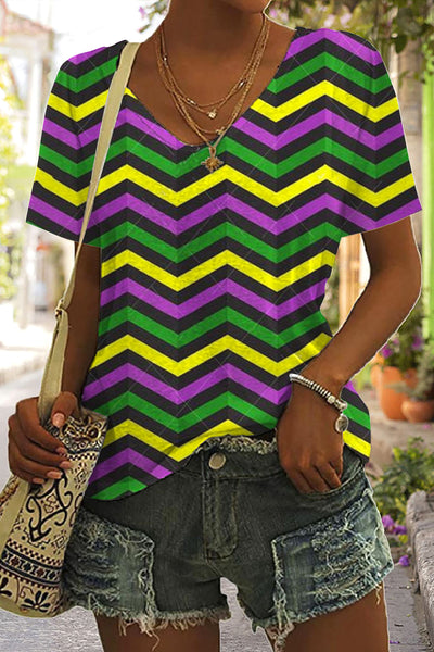 Mardi Gras Geometric Pattern With Zigzag Stripes Print V Neck Short Sleeve T-shirt