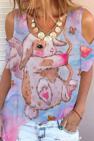 Cute Cupid Bunny Shoots Heart Arrow Tie Dye Printed Cold Shoulder T-Shirt