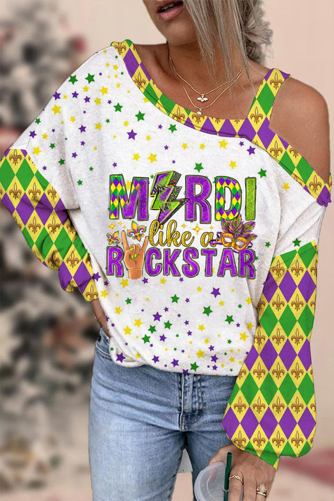 Mardi Like A Rockstar Fleur De Lis And Mask Print Off-Shoulder Blouse