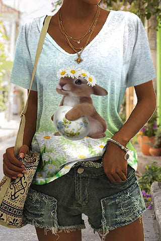 3D Cute Bunny Wearing A Daisy Wreath Spring Flowers Printed V Neck T-shirt