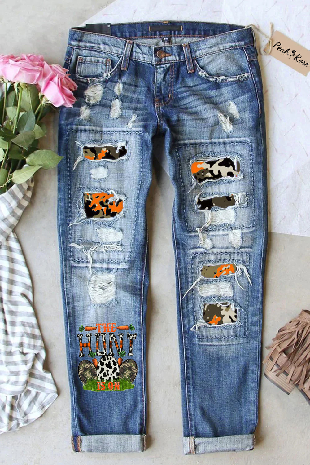 Casual The Hunt Is On Happy Easter ArmyGreen Carrot Eggs Printed Ripped Denim Jeans