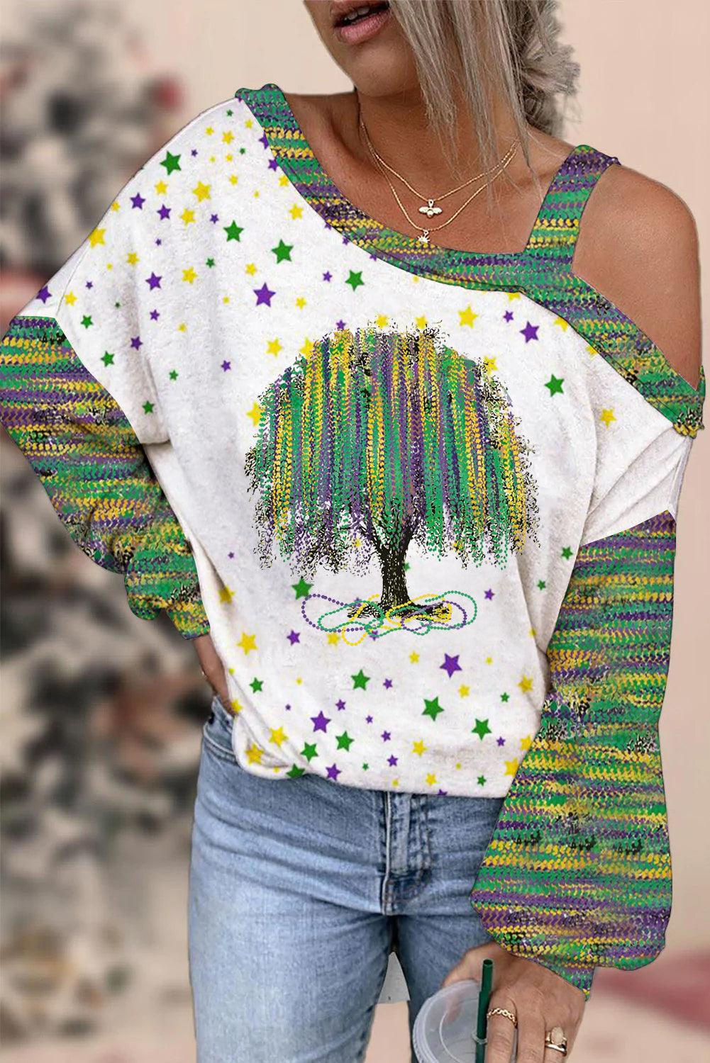 New Orleans Mardi Gras Watercolor Bead Tree Print Off-Shoulder Blouse