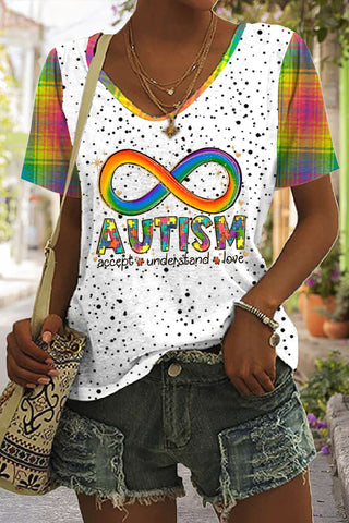 Autism Accept Understand Love Rainbow Infinity Symbol Puzzle Print V-neck T-shirt