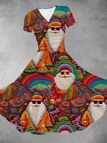Women's Retro Colorful Santa Claus Printed Casual Swing Dress