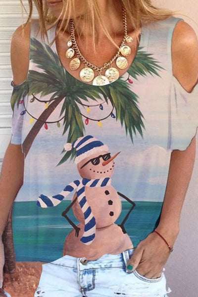 Summer Beach Snowman Cold Shoulder T-shirt