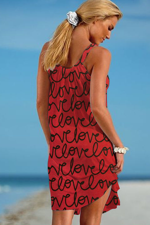 Love Full Print Red Beach Sleeveless Dress