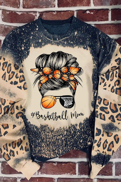 Leopard Basketball Mom Messy Bun Bleached Sweatshirt