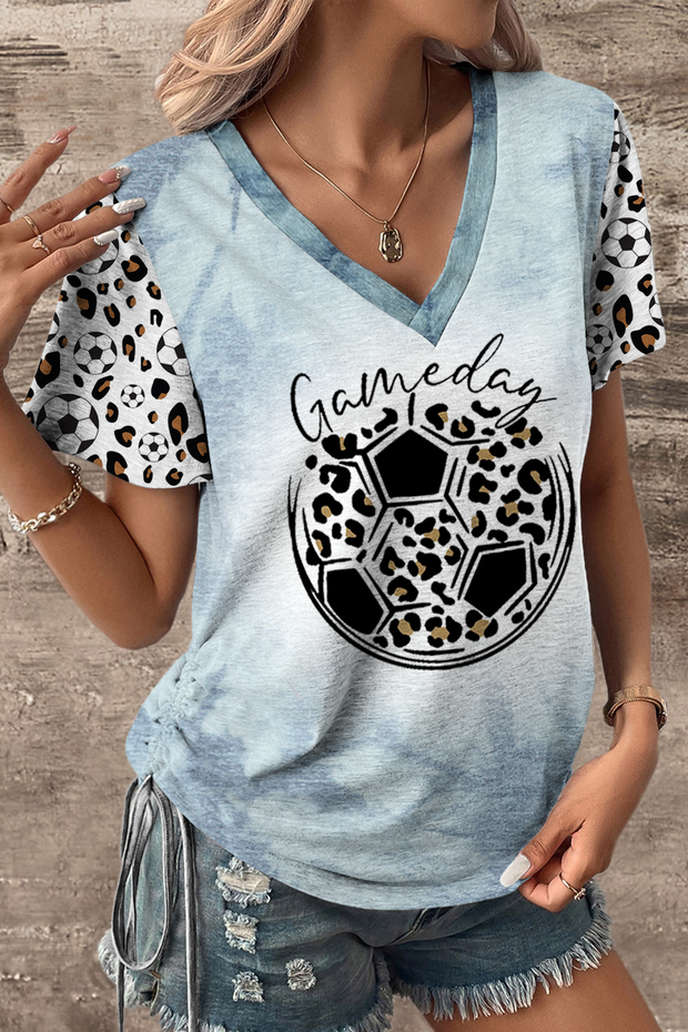 Game Day Soccer & Leopard Pattern V-neck T-shirt