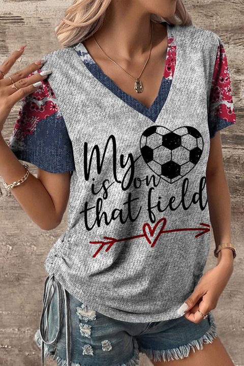 My Heart Is On That Field Denim Print Splicing V-neck T-shirt