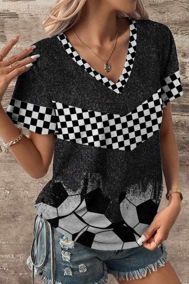 Checkerboard Graphic & Soccer Pattern V-neck T-shirt