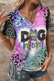 Dog Mom Colorful Tie-dye Paw Leopard Print V-neck T-shirt