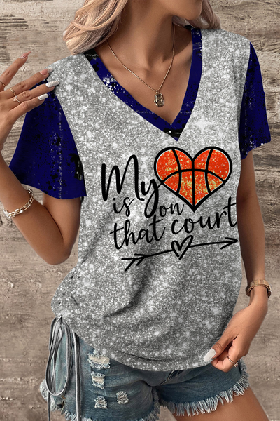 Basketball Day My Heart Is On That Court Print V-neck T-shirt