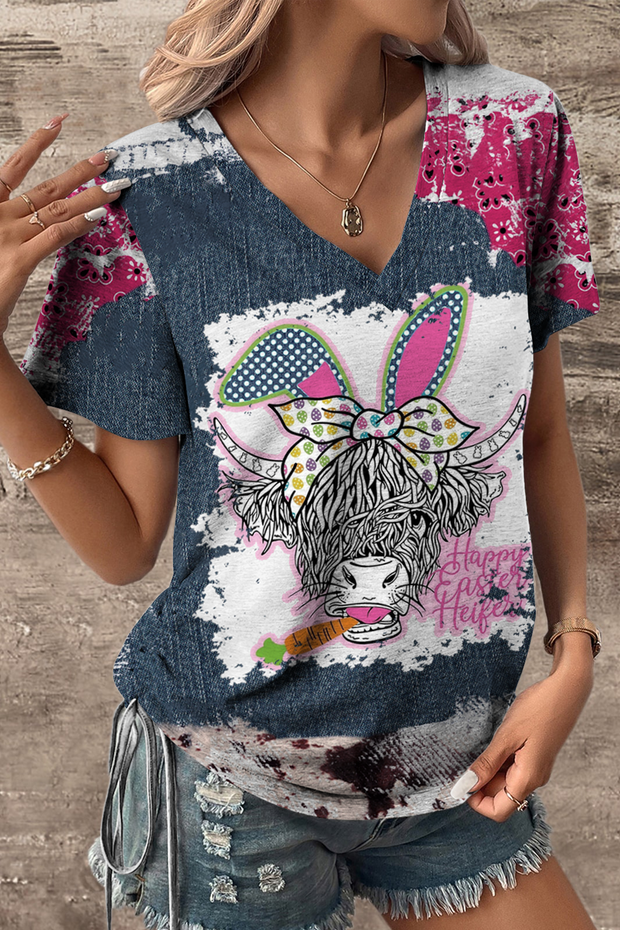 Happy Easter Heifer Denim Print Splicing V-neck T-shirt