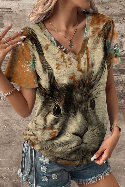 Vintage Pictorial Art Easter Bunny V-neck T-Shirt