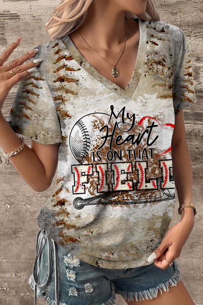 Baseball Day My Heart Is On That Field Print V-neck T-shirt