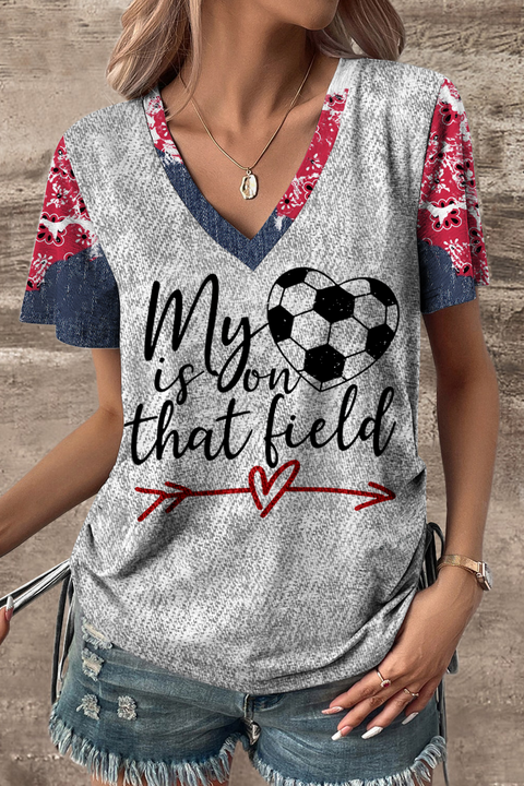 My Heart Is On That Field Denim Print Splicing V-neck T-shirt